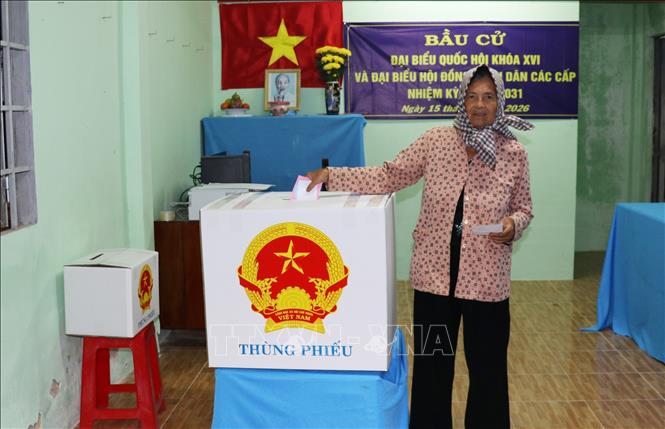 Người dân đi bỏ phiếu sớm tại xã Tân Phú Đông, tỉnh Đồng Tháp. Ảnh: Hữu Chí - TTXN