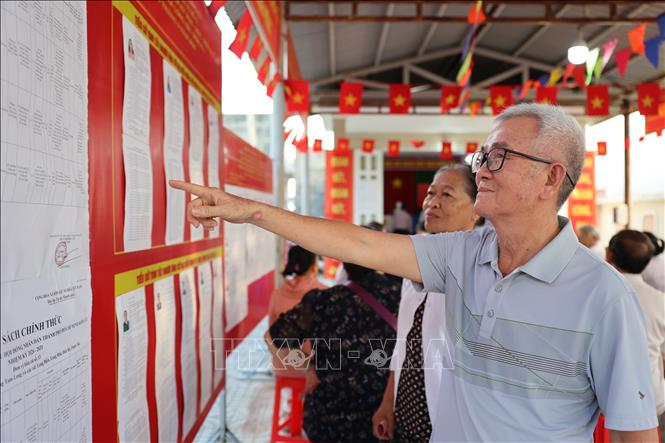 Ngư dân Nguyễn Hảo, cử tri Khu vực bỏ phiếu số 3, đơn vị bầu cử số 5 thuộc ấp Phước Hiệp, xã Long Hải kiểm tra danh sách và tiểu sử người ứng cử đại biểu Quốc hội và HĐND các cấp của thành phố trước khi bỏ phiếu bầu. Ảnh: Hoàng Nhị - TTXVN