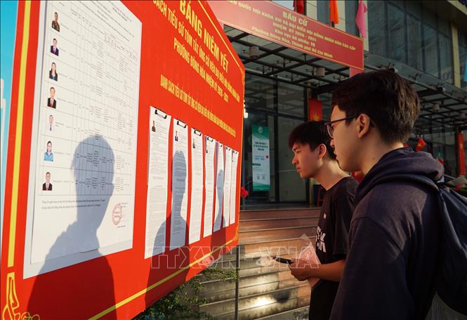 Sinh viên xem tiểu sử và chương trình hành động của các ứng cử viên tại khu vực bỏ phiếu 19, phường Đông Hoà, TP. Hồ Chí Minh. Ảnh: Thu Hoài - TTXVN