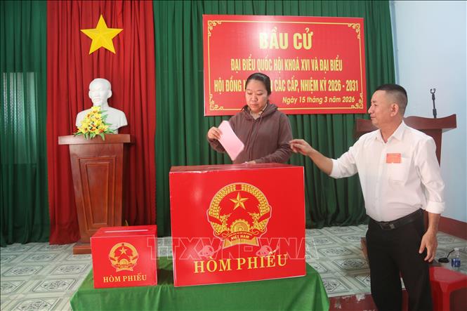 Cử tri người lao động ở Đồng Nai tham gia bỏ phiếu ngay sau khi tan làm ca đêm. Ảnh: Lê Xuân-TTXVN