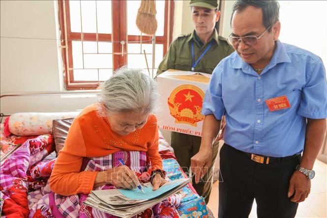 Thành viên tổ bầu cử đưa phiếu bầu đến cho cử tri Mai Thị Hường (sinh năm 1946, thương binh hạng 1/4, tỷ lệ thương tật 92%). Ảnh: Hoàng Hiếu - TTXVN
