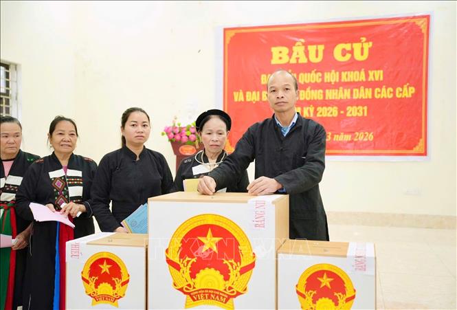 Đồng bào dân tộc Cao Lan, thôn Lọ, xã An Lạc, tỉnh Bắc Ninh phấn khởi đi bầu cử. Ảnh: Việt Hùng - TTXVN