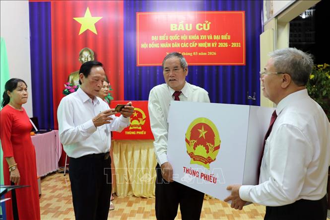 Các thành viên Tổ bầu cử số 27, phường Tam Thắng, TP. Hồ Chí Minh tiến hành quy trình kiểm phiếu. Ảnh: Mạnh Dương – TTXVN 
