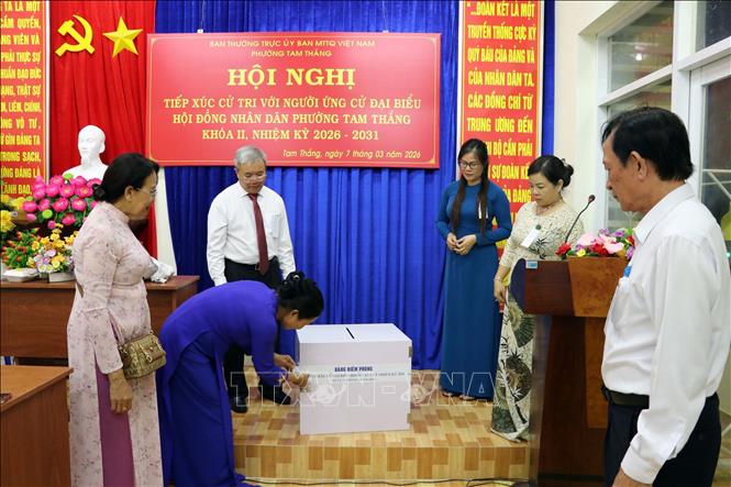 Các thành viên Tổ bầu cử số 27, phường Tam Thắng, TP. Hồ Chí Minh tiến hành quy trình kiểm phiếu. Ảnh: Mạnh Dương – TTXVN