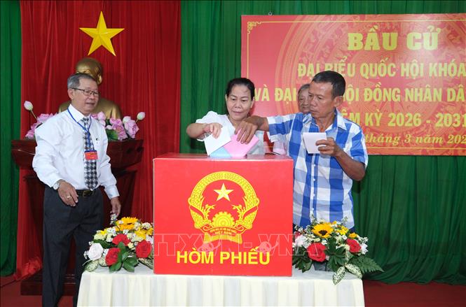 Củ tri bỏ phiếu bầu cử tại điểm bỏ phiếu số 22 phường Ninh Kiều, thành phố Cần Thơ. Ảnh: Thanh Liêm - TTXVN