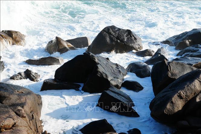 Sự kết hợp giữa sóng biển và đá tạo nên gam màu tương phản độc đáo tại Hang Rái – Vườn quốc gia Núi Chúa (xã Vĩnh Hải, tỉnh Khánh Hòa). Ảnh: Nguyễn Thành - TTXVN