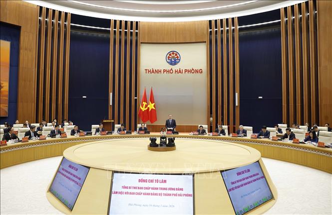 Tổng Bí thư Tô Lâm chủ trì cuộc làm việc với Ban Chấp hành Đảng bộ Thành phố Hải Phòng. Ảnh: Thống Nhất – TTXVN