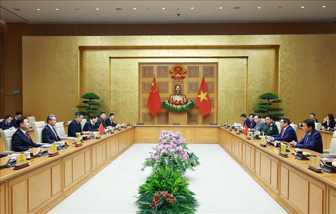 Thủ tướng Phạm Minh Chính tiếp Bộ trưởng các Bộ Ngoại giao, Quốc phòng, Công an Trung Quốc dự Hội nghị lần thứ nhất, Cơ chế đối thoại chiến lược “3+3”. Ảnh: Dương Giang-TTXVN
