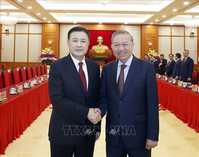 Tổng Bí thư Tô Lâm và Bộ trưởng Công an Trung Quốc Vương Tiểu Hồng. Ảnh: Thống Nhất – TTXVN