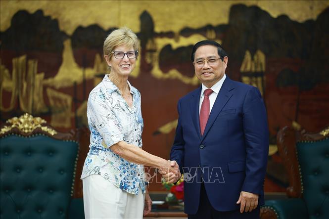 Thủ tướng Phạm Minh Chính tiếp Đoàn Quỹ Eisenhower của Hoa Kỳ. Ảnh: Dương Giang-TTXVN 