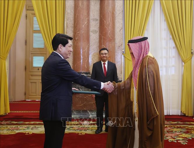 Chủ tịch nước Lương Cường nhận Quốc thư từ Đại sứ Vương quốc Ả-rập Xê-út tại Việt Nam Thamer Mohammed al-Gosaibi. Ảnh: Lâm Khánh – TTXVN
