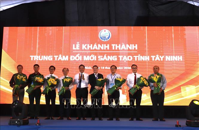 Phó Chủ tịch UBND tỉnh Phạm Tấn Hoà tặng hoa cho các doanh nghiệp góp phần hình thành Trung tâm Đổi mới sáng tạo tỉnh. Ảnh: Đức Hạnh - TTXVN