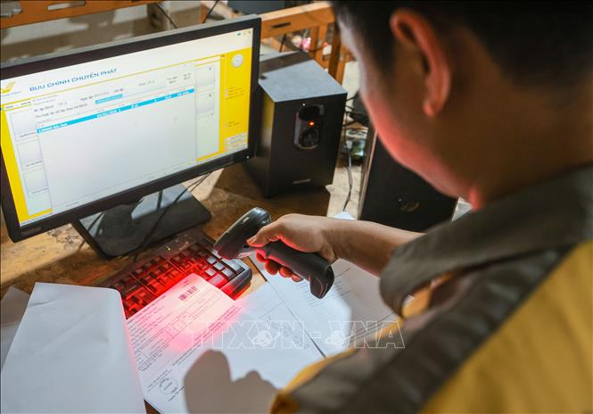 Ứng dụng chuyển đổi số trong hoạt động logistics, nhân viên Tổng Công ty Bưu điện Việt Nam sử dụng thiết bị quét mã vạch (QR) để cập nhật, theo dõi hành trình bưu kiện theo thời gian thực, bảo đảm phân loại chính xác và chuyển phát đến đúng địa chỉ, nâng cao hiệu quả và độ tin cậy trong toàn bộ quy trình vận chuyển. Ảnh: Hoàng Hiếu – TTXVN 