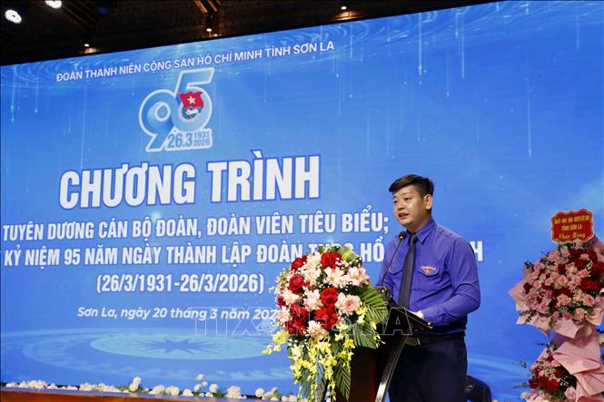 Phó Bí thư Tỉnh đoàn Sơn La Lò Mạnh Cường phát biểu. Ảnh: Quang Quyết - TTXVN