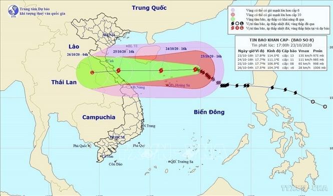 Hướng di chuyển của bão số 8 được Trung tâm Dự báo Khí tượng Thủy văn Quốc gia dự báo. Ảnh: TTXVN phát