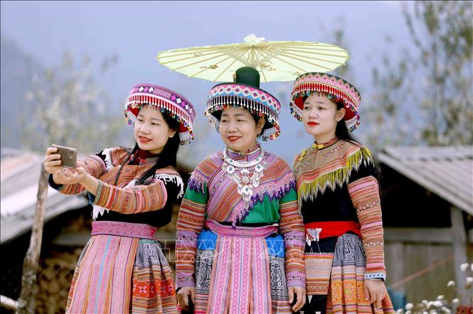 Du khách trong trang phục dân tộc Mông tham dự Ngày hội hoa sơn tra xã Ngọc Chiến (Sơn La) năm 2026. Ảnh: Quang Quyết - TTXVN