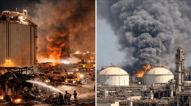 Ngày 19/3/2026, các cuộc tấn công đáp trả bằng tên lửa của Iran nhằm vào thành phố công nghiệp Ras Laffan - trung tâm sản xuất khí tự nhiên hóa lỏng (LNG) lớn nhất của Qatar (ảnh) - đã làm gián đoạn khoảng 17% năng lực xuất khẩu LNG. Đây là cơ sở then chốt cung cấp khí đốt cho nhiều thị trường lớn tại châu Âu và châu Á. Thiệt hại này có thể khiến Qatar mất khoảng 20 tỷ USD doanh thu mỗi năm, đồng thời đặt ra rủi ro lớn đối với nguồn cung năng lượng toàn cầu khi sản lượng LNG bị đình trệ là khoảng 12,8 triệu tấn mỗi năm. Ảnh: jkadworld.com/TTXVN 