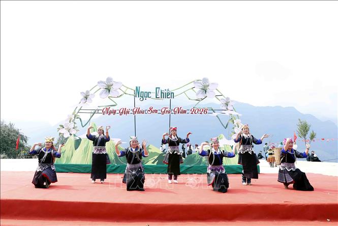 Trình diễn các tiết mục văn hóa, văn nghệ sôi nổi tại Ngày hội hoa sơn tra xã Ngọc Chiến (Sơn La). Ảnh: Quang Quyết - TTXVN