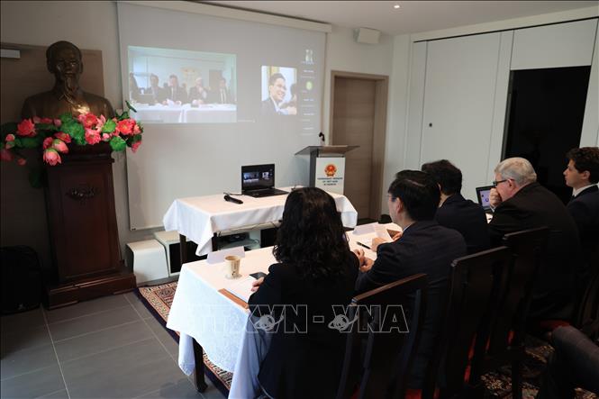 Hội thảo cũng có sự tham dự của đại diện các bộ ngành liên quan ở Việt Nam theo hình thức trực tuyến. Ảnh: Ngọc Ánh - PV TTXVN tại Thụy Sĩ 