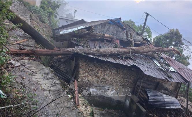 Gió lốc làm tốc mái, một số cây đổ vào nhà dân ở xã Thu Lũm, tỉnh Lai Châu. Ảnh: TTXVN phát