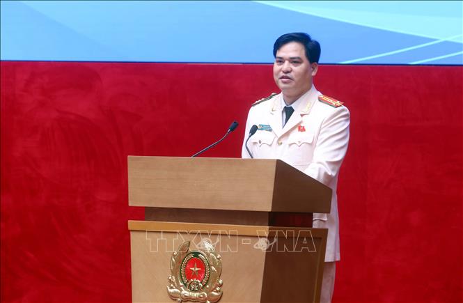 Thượng tá Đồng Đức Vũ, Trưởng Ban Thanh niên Công an nhân dân phát biểu. Ảnh: Phạm Kiên - TTXVN