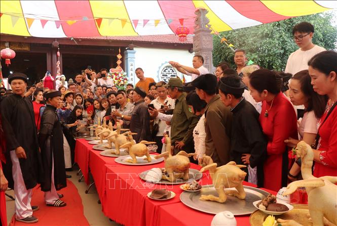 Gà để lễ thánh được chọn lựa kỹ, nuôi nhốt riêng và có chế độ ăn uống sạch, thức ăn chủ yếu là gạo, ngô, bí đỏ và phải đạt từ 4,5 kg trở lên. Gà khi dâng lễ thong thường nuôi từ 36 đến 48 tháng, đáp ứng đủ 3 tiêu chí “nhất dáng, nhì da, thứ ba bên trong”, tức là nhìn bề ngoài da phải vàng, đều, mịn, đẹp, không bị sứt sát và phải khâu thật khéo để không thấy các vết cắt. Ảnh: Thái Hùng - TTXVN