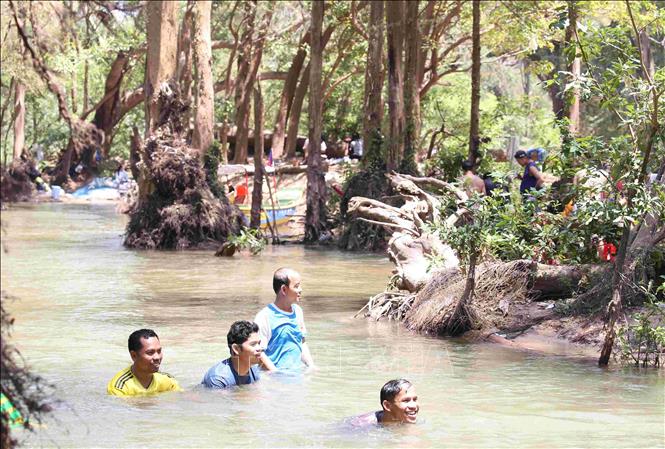 Du khách hòa mình với thiên nhiên tại cồn Koh Han, một trong hơn 50 cù lao, cồn cát trong quần thể Khu Ramsar thượng nguồn sông Mekong rộng 1.460 ha ở tỉnh Stung Treng, vùng Đông Bắc Campuchia. Ảnh: Huỳnh Thảo - PV TTXVN tại Campuchia