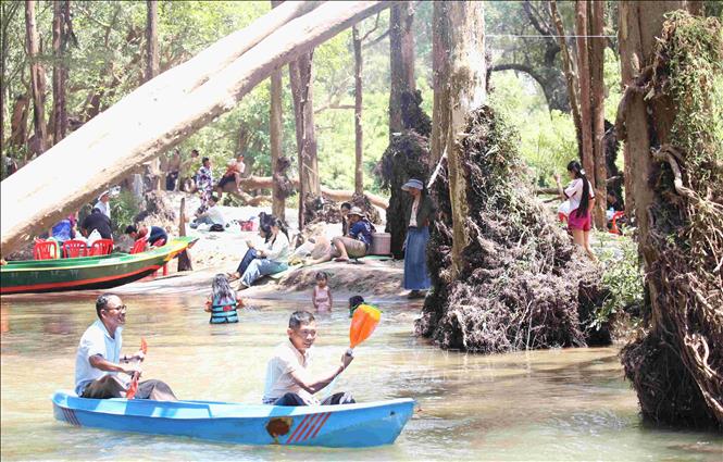 Du khách hòa mình với thiên nhiên tại cồn Koh Han, một trong hơn 50 cù lao, cồn cát trong quần thể Khu Ramsar thượng nguồn sông Mekong rộng 1.460 ha ở tỉnh Stung Treng, vùng Đông Bắc Campuchia. Ảnh: Huỳnh Thảo - PV TTXVN tại Campuchia