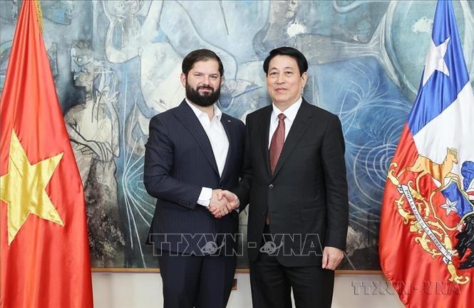 Tổng thống Chile Gabriel Boric Font đón và hội đàm với Chủ tịch nước Lương Cường (Santiago de Chile, 11/11/2024). Ảnh: Lâm Khánh – TTXVN