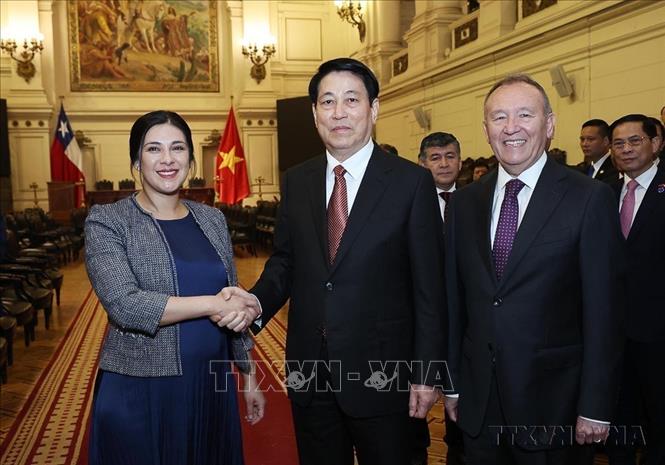 Chủ tịch nước Lương Cường hội kiến bà Karol Aída Cariola Oliva, Chủ tịch Hạ viện Chile, Chủ tịch nhóm Nghị sỹ Hữu nghị Chile - Việt Nam (Santiago de Chile, 11/11/2024). Ảnh: Lâm Khánh – TTXVN