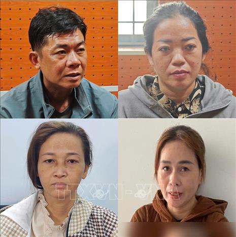 Các đối tượng (theo thứ tự từ trên xuống dưới, trái qua phải): Nguyễn Văn Tâm, Nguyễn Thị Yến Linh, Nguyễn Thị Thùy, Lê Thị Lài. Ảnh: TTXVN phát