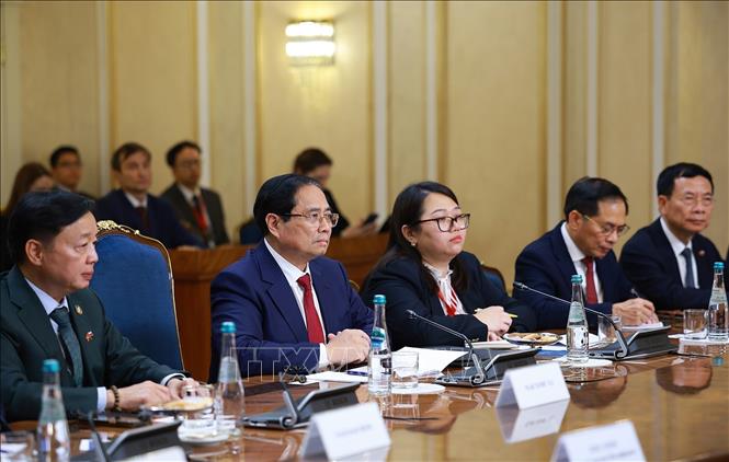 Thủ tướng Phạm Minh Chính phát biểu tại cuộc hội kiến Chủ tịch Hội đồng Liên bang (Thượng viện Nga) Valentina Matviyenko. Ảnh: Dương Giang-TTXVN
