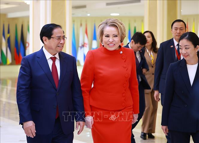Thủ tướng Phạm Minh Chính hội kiến Chủ tịch Hội đồng Liên bang Nga Valentina Matviyenko. Ảnh: Dương Giang-TTXVN