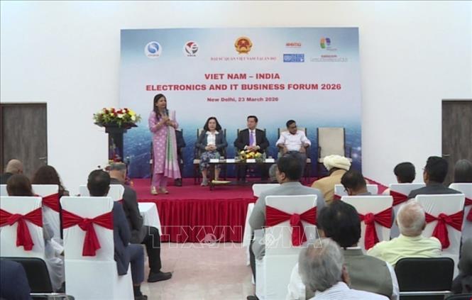 Bà G Vibha Gupta, Chủ tịch Hiệp hội Các nhà sản xuất Điện và Điện tử Ấn Độ (IEEMA), phát biểu tại diễn đàn. Ảnh: Quang Trung - p/v TTXVN tại Ấn Độ