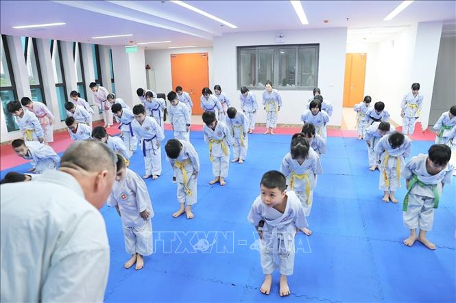 Xã Đông Anh hiện có 9 lớp duy trì đều đặn với hơn 700 võ sinh, thành phần chủ yếu là lứa tuổi thanh thiếu niên, từ học sinh tiểu học đến học sinh THPT. Ảnh: Minh Quyết - TTXVN