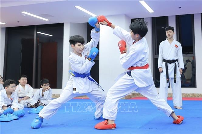 Những năm gần đây, Karate đang là một trong những môn thi đấu thế mạnh của xã Đông Anh. Ảnh: Minh Quyết - TTXVN
