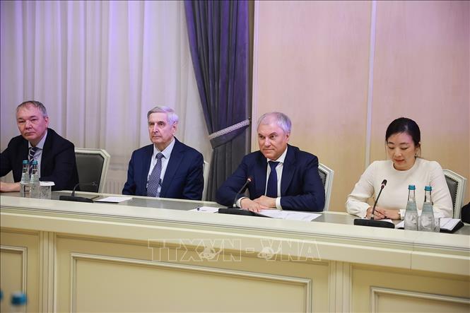 Chủ tịch Duma Quốc gia Liên bang Nga Vyacheslav Volodin phát biểu tại cuộc hội kiến Thủ tướng Phạm Minh Chính. Ảnh: Dương Giang-TTXVN 
