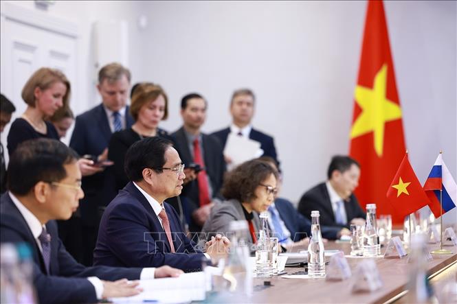 Thủ tướng Phạm Minh Chính phát biểu tại cuộc gặp Thư ký Hội đồng An ninh Sergey Kuzhugetovich Shoygu. Ảnh: Dương Giang-TTXVN
