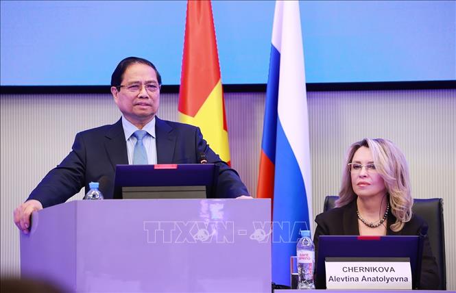 Thủ tướng Phạm Minh Chính phát biểu tại Đại học Nghiên cứu Công nghệ Quốc gia MISIS. Ảnh: Dương Giang-TTXVN
