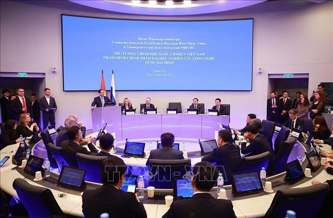 Thủ tướng Phạm Minh Chính phát biểu tại Đại học Nghiên cứu Công nghệ Quốc gia MISIS. Ảnh: Dương Giang-TTXVN
