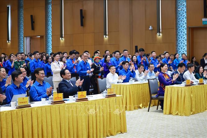 Thủ tướng Phạm Minh Chính tham dự buổi gặp mặt Gương mặt trẻ Việt Nam tiêu biểu, triển vọng và cán bộ đoàn tiêu biểu. Ảnh: Dương Giang-TTXVN 
