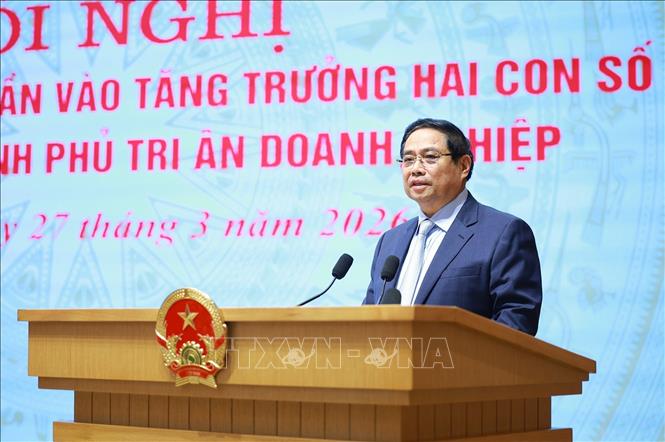 Thủ tướng Phạm Minh Chính chủ trì Hội nghị Doanh nghiệp góp phần vào tăng trưởng hai con số và Thủ tướng Chính phủ tri ân doanh nghiệp. Ảnh: Dương Giang-TTXVN
