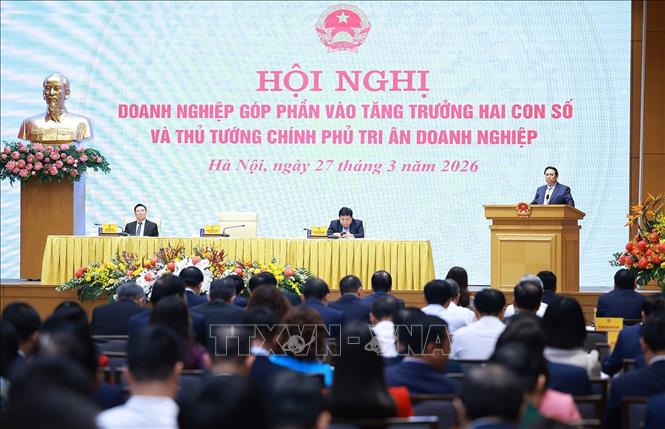 Thủ tướng Phạm Minh Chính chủ trì Hội nghị Doanh nghiệp góp phần vào tăng trưởng hai con số và Thủ tướng Chính phủ tri ân doanh nghiệp. Ảnh: Dương Giang-TTXVN
