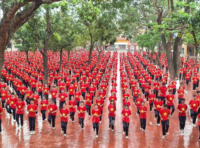 Học sinh trường THPT Đinh Tiên Hoàng, phường Hoa Lư, tỉnh Ninh Bình tham gia đồng diễn võ nhạc Vovinam. Ảnh: Thùy Dung - TTXVN