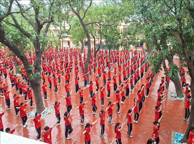 Học sinh trường THPT Đinh Tiên Hoàng, phường Hoa Lư, tỉnh Ninh Bình tham gia đồng diễn võ nhạc Vovinam. Ảnh: Thùy Dung - TTXVN