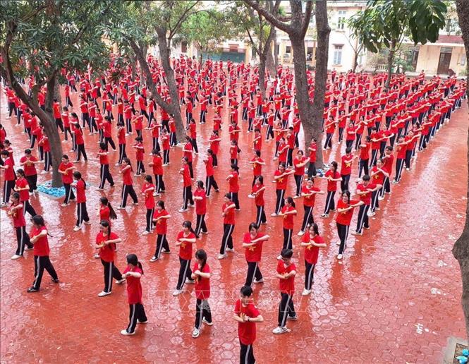 Học sinh trường THPT Đinh Tiên Hoàng, phường Hoa Lư, tỉnh Ninh Bình tham gia đồng diễn võ nhạc Vovinam. Ảnh: Thùy Dung - TTXVN