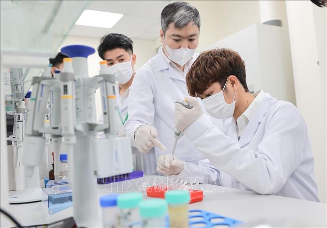 Giảng viên Khoa Thuỷ sản trực tiếp hướng dẫn sinh viên kỹ thuật phân tích trong phòng thí nghiệm. Ảnh: Lê Đông - TTXVN