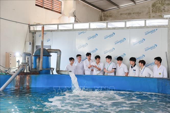 Giảng viên hướng dẫn sinh viên quy trình vận hành hệ thống xử lý nước tuần hoàn bằng công nghệ điện hóa siêu âm. Ảnh: Lê Đông - TTXVN
