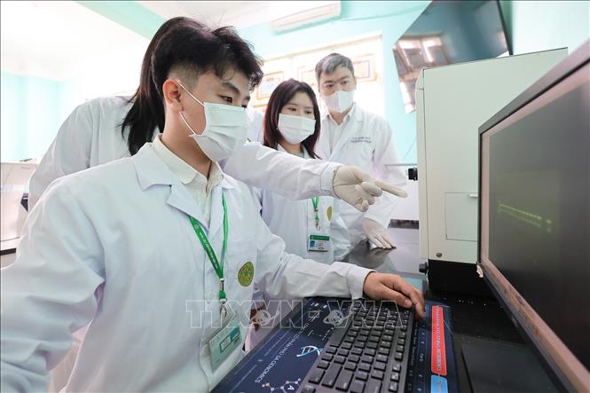 Sinh viên Khoa Thủy sản thực hành đọc và phân tích kết quả chẩn đoán bệnh bằng kỹ thuật PCR dưới sự hướng dẫn của giảng viên. Ảnh: Lê Đông - TTXVN
