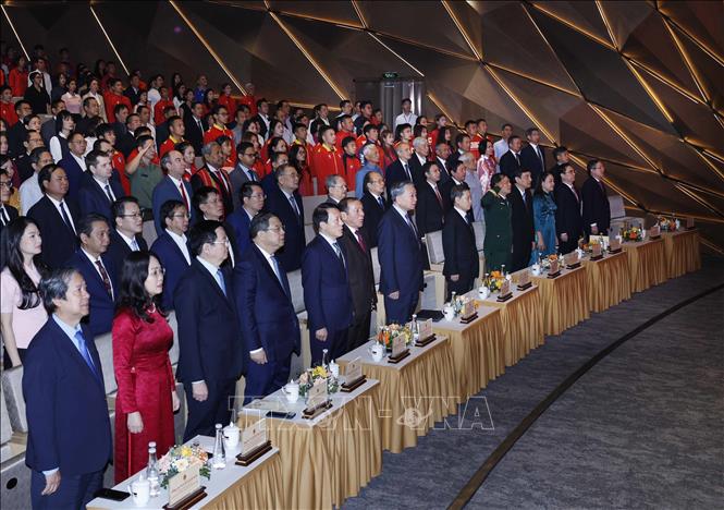 Tổng Bí thư Tô Lâm và các đại biểu dự Lễ kỷ niệm 80 năm Ngày truyền thống Ngành Thể dục Thể thao. Ảnh: Thống Nhất – TTXVN